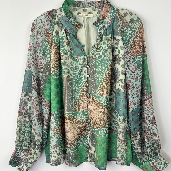 ENTRO Paisley Boho Chiffon Oversized Puff Sleeve Button Front Blouse Size Medium - Picture 1 of 10